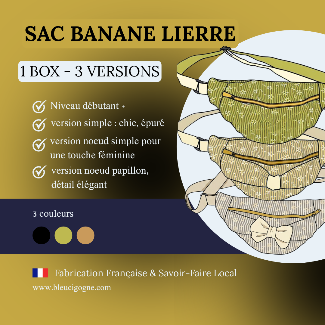 Box couture sac banane Lierre Bleu Cigogne en popeline de coton brodé