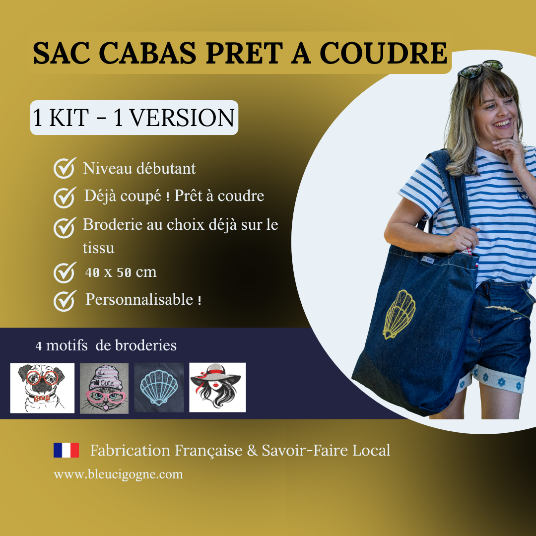 Kit prêt-à-coudre sac cabas Bleu Cigogne en denim haute couture avec broderie personnalisée