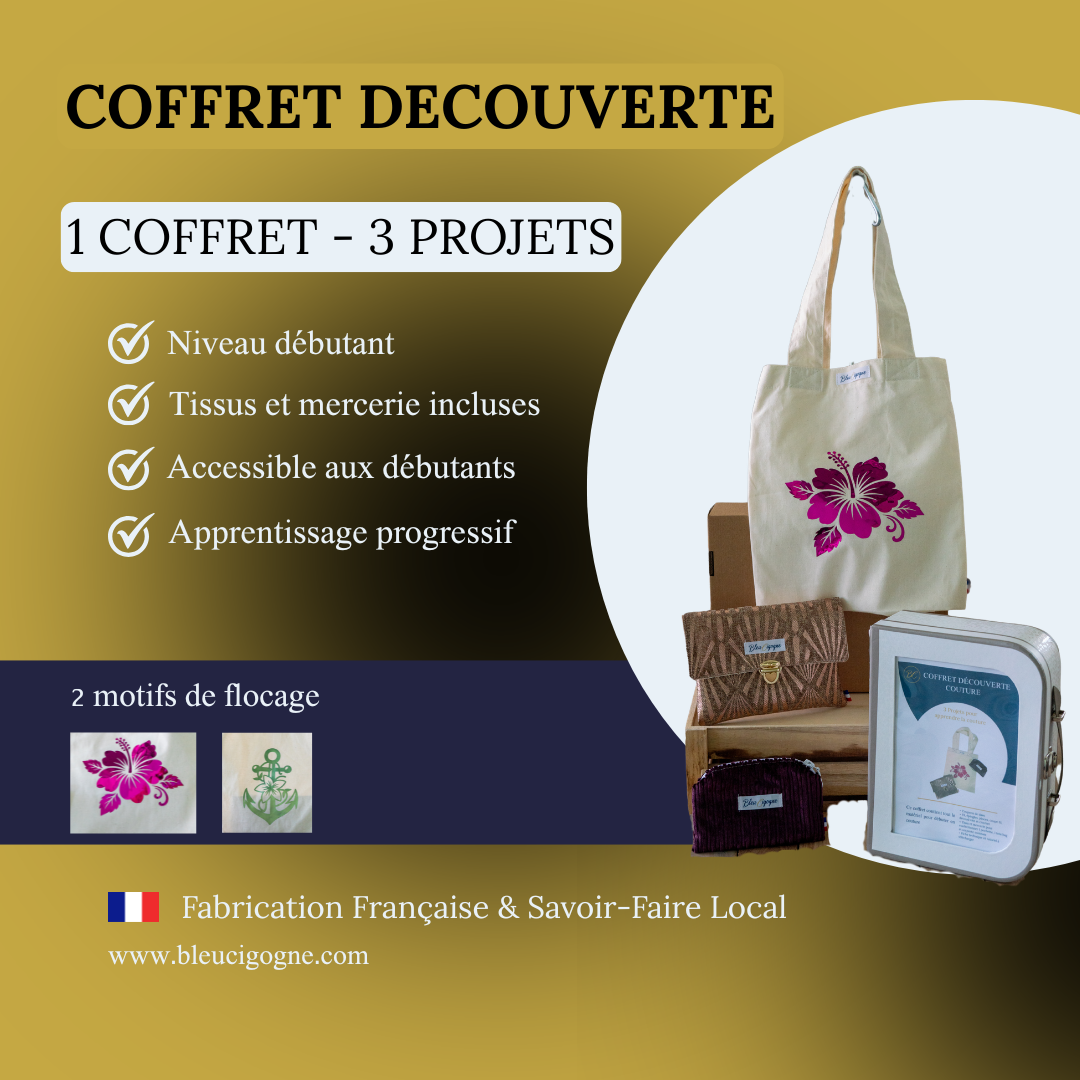 Coffret découverte couture Bleu Cigogne : tote bag, pochette et porte-monnaie à réaliser