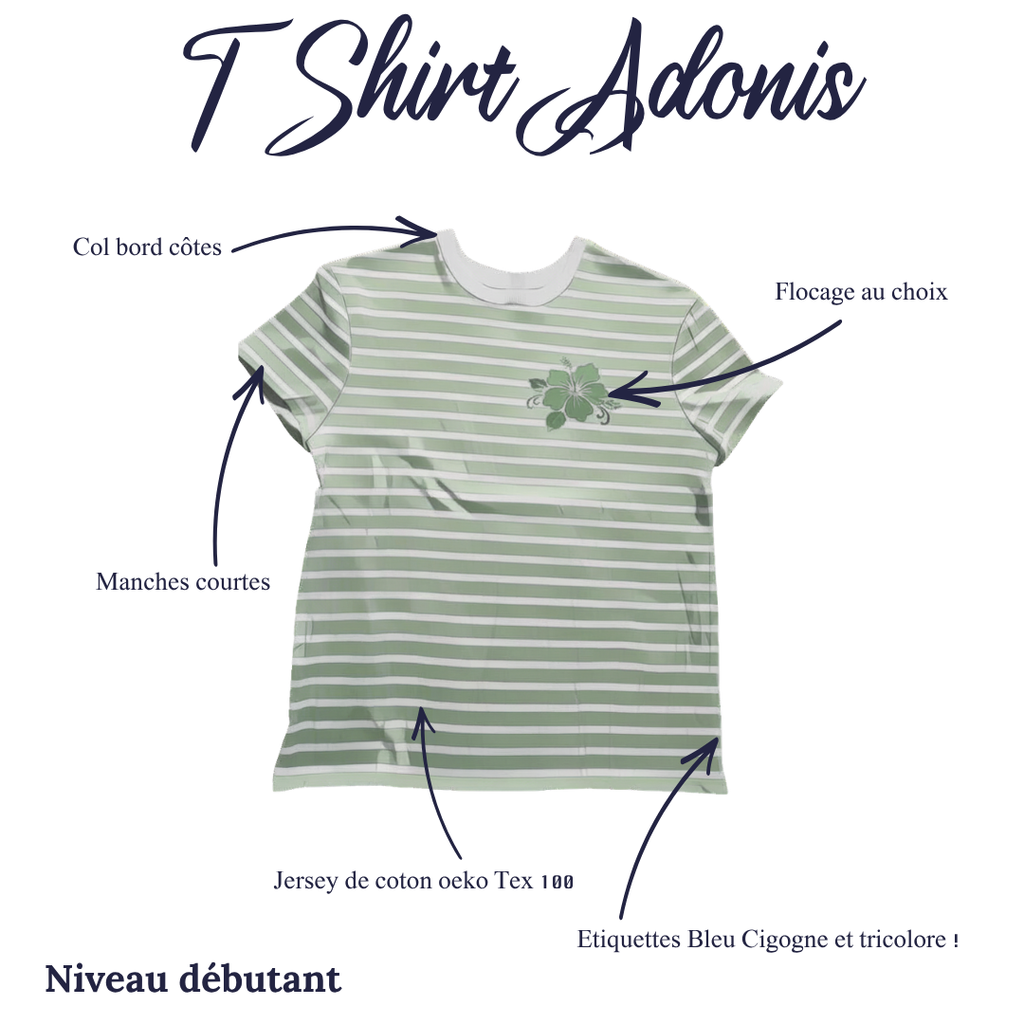 T-shirt Adonis Bleu Cigogne, col bord-côte blanc et flocage personnalisé