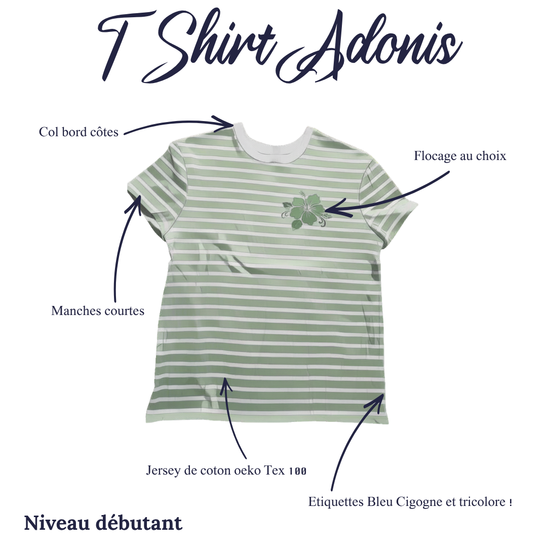 T-shirt Adonis Bleu Cigogne, col bord-côte blanc et flocage personnalisé