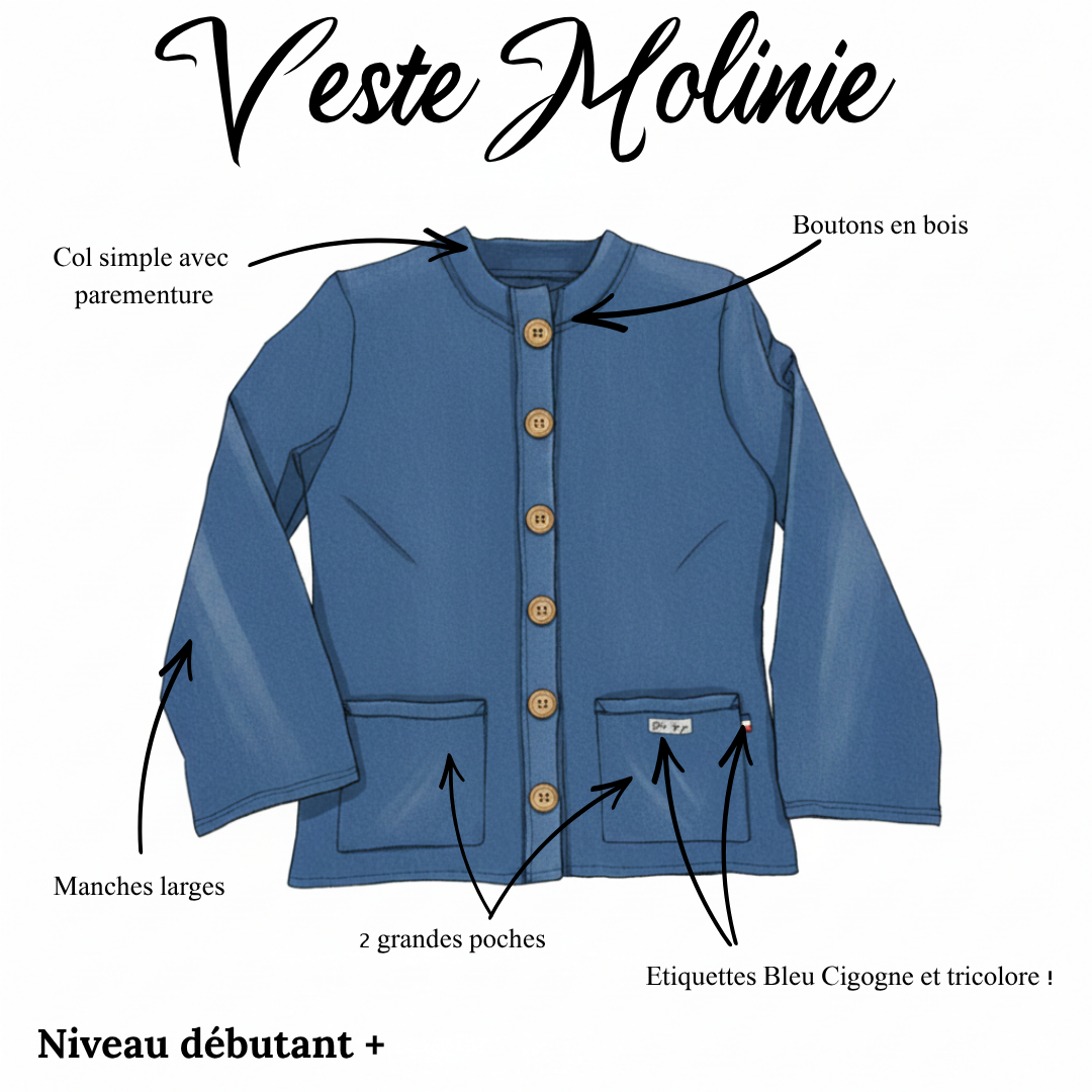 Box couture veste Molinie Bleu Cigogne en toile chinée, col style Chanel