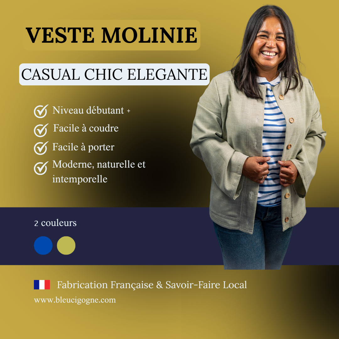 Veste Molinie Bleu Cigogne, manches larges et boutons en bois